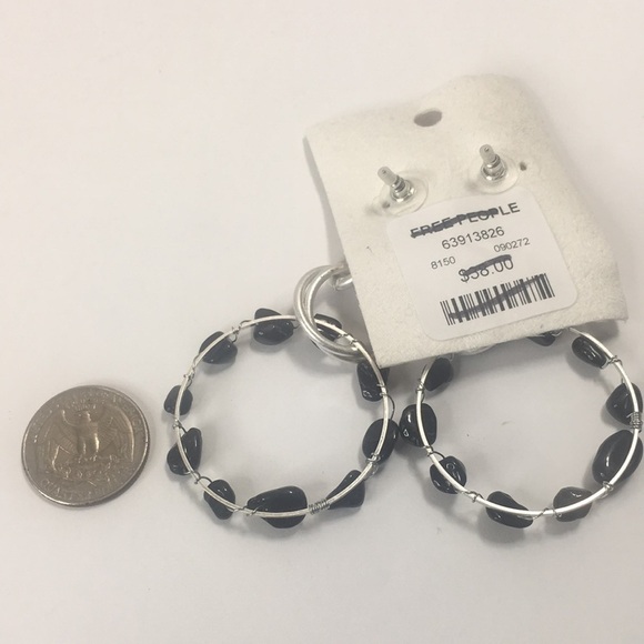 NEW Free People Iceball Hoops Silver tone Black Natural Stone - Picture 5 of 5